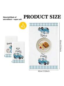 2pcs Autumn Kitchen Towels Kitchen Cloths Polyester Hand Towels With Blue Checkered Pumpkin Truck Pattern Super Soft Woven Dishcloths Machine Washable Ideal For Holiday Gifts & Home Decor - Blue and White - View 3
