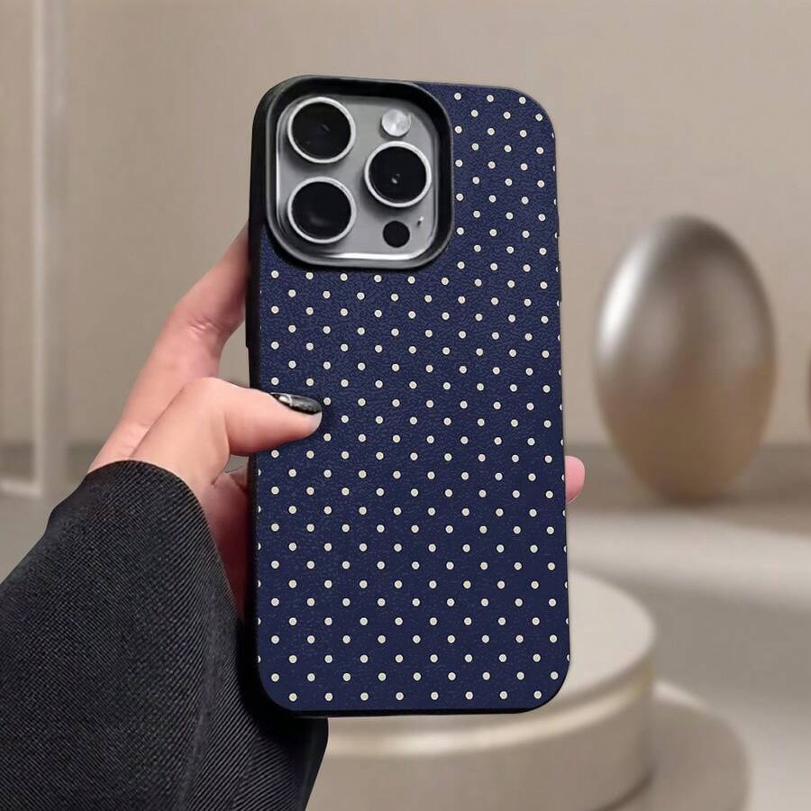 1pc Black Polka Dot UV Printed Pattern Design Leather Texture Phone Case - Multicolor - View 1