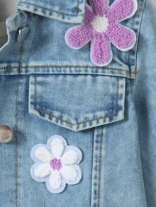 Young Girls Jackets & Coats Spring/Autumn New Cute College Style Towel Embroidery Flower Patch Decor Classic Retro Versatile Blue Denim Jacket Long Sleeve Short Top Back To School - Blue - View 7