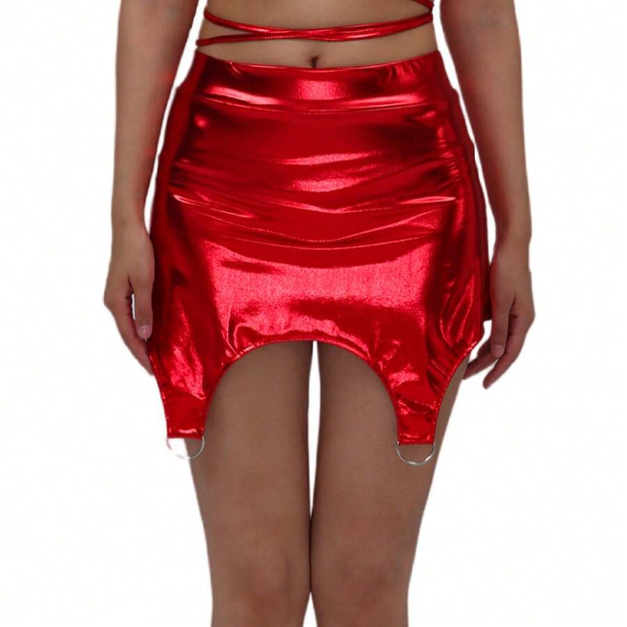 Performance Dress With A Patent Leather Skirt Featuring Gold Embossing. A Unique And Shimmering Design That Flatters And Slims The Figure, Perfect For Nightclubs. Party Wear, Dropshipping Available. - 紅色 - 查看 1