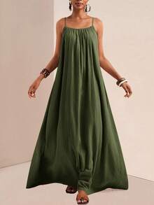 Vestido largo verde para mujer, con tirantes finos y escote cuadrado, estilo holgado casual - Negro - Ver 10