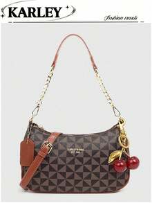 Bolso de hombro/axila de piel sintética de unicolor con diseño gráfico de letra, versátil y de moda clásica 2025, bolso de hombro/axila Y2K, adecuado para compras, se puede usar cruzado, col - Marrón - Ver 2