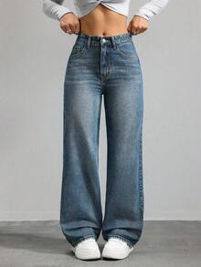 ICON Pantalones vaqueros de pierna recta versátiles de unicolor con bolsillo - Azul lavado oscuro 5 - Ver 1