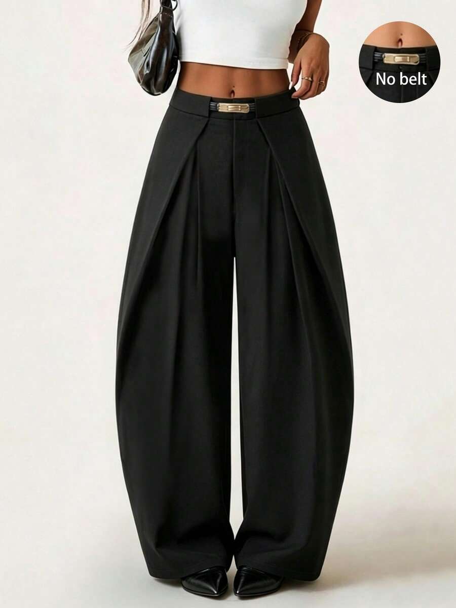 Beltless Solid Color Fabric Pleated Decor Casual Loose Avant-Garde Curved Leg Pants - Black - View 1