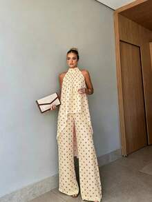 Women's Summer Casual Retro Polka Dot Apricot Halter Neck Sleeveless Top And Wide Leg Pants 2-Piece Set, Holiday Beach Outfit - Apricot - View 1
