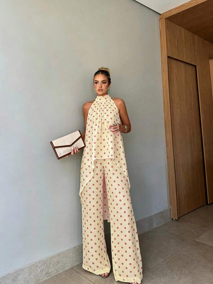 Women's Summer Casual Retro Polka Dot Apricot Halter Neck Sleeveless Top And Wide Leg Pants 2-Piece Set, Holiday Beach Outfit - Apricot - View 1