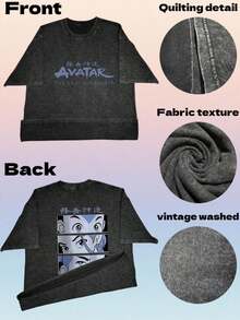 Camiseta Negra Oversized Vintage Lavada Unisex 2026| Manga corta, cuello redondo, diseño geométrico con retratos del  de : La Leyenda de Aang, moda de alta calidad, tela de elast - Negro - Ver 5