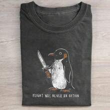 Camiseta informal de algodón de manga corta y cuello redondo con estampado gráfico de pingüino, bajo y largo regulares, tejido elástico suave para viajes y fiestas. - Negro - Ver 1
