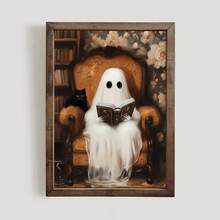 1pc Frameless Ghost And Cat Library Theme Spooky Halloween Wall Art Canvas Poster Print - Whimsical Vintage Decor For Bedroom, Dorm, Apartment, Living Room, Room Decor Bedroom, Decoration, Prints For Wall, Vintage Decor & Best Gift Choice - Frameless - View 1