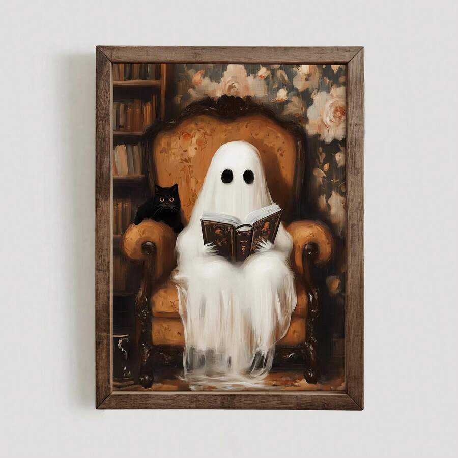 1pc Frameless Ghost And Cat Library Theme Spooky Halloween Wall Art Canvas Poster Print - Whimsical Vintage Decor For Bedroom, Dorm, Apartment, Living Room, Room Decor Bedroom, Decoration, Prints For Wall, Vintage Decor & Best Gift Choice - Frameless - View 1