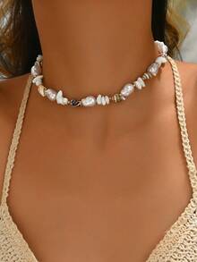 pieza de collar de cuentas hecho mano con conchas marinas naturales blancas, estilo isleñ, diseñmoderno con colgante de concha dorada, adecuado para que las mujeres lo usen en vacacio - Caracola + Grava - Ver 5