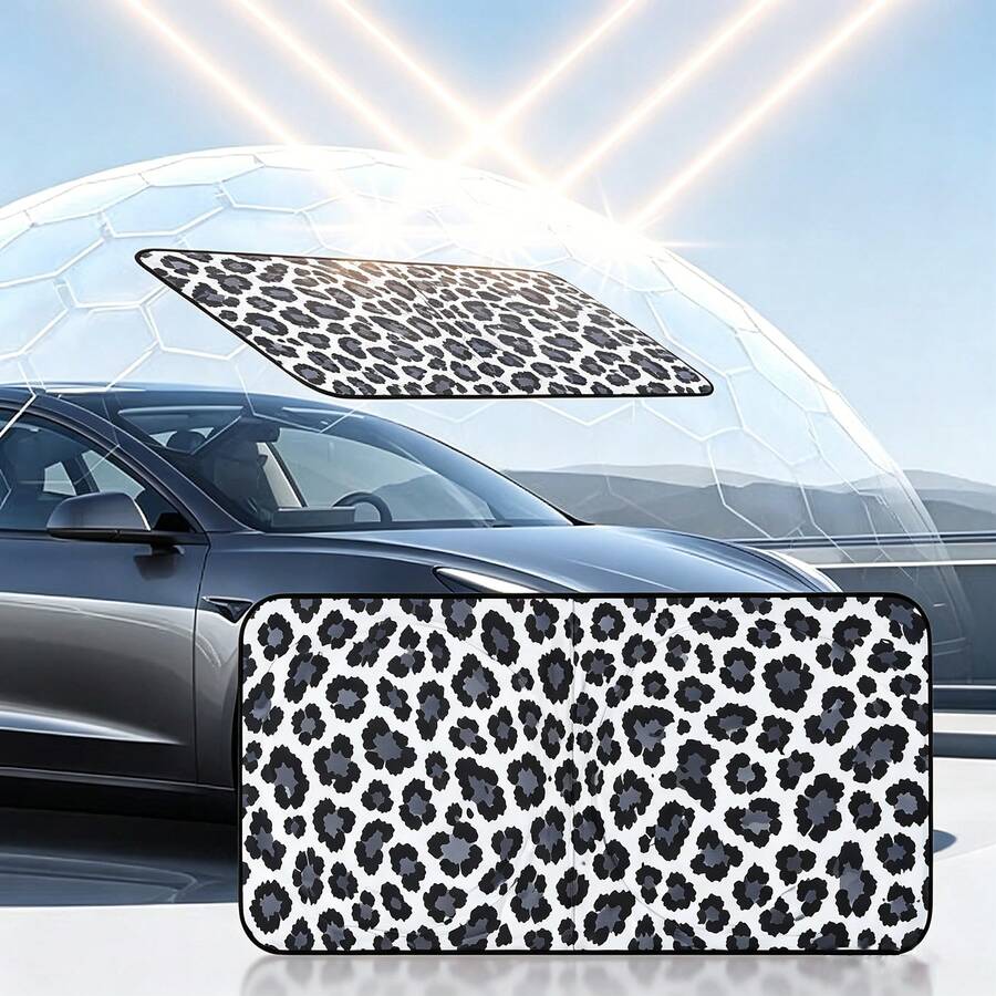 1pc Grey Leopard Print Car Windshield Sunshade, Black Rubber Material, Foldable, Easy Storage, Blocks Sunlight And UV Rays, Cools And Protects Car Interior - A - View 1