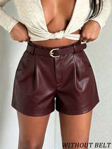 Shorts casuales de cintura alta con pliegues para mujer RNU con cinturón de hebilla ajustable, bolsillos laterales de unicolor, shorts de pierna ancha, adecuados para el uso diario en la calle - Burdeos - Ver 5