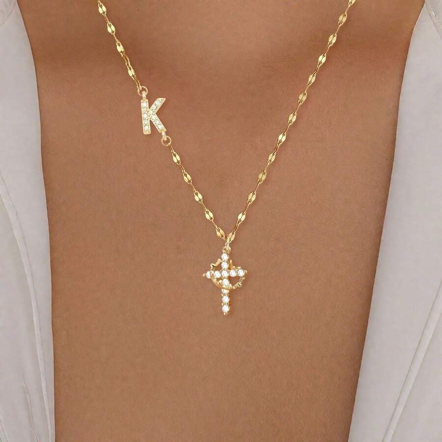 Collar con colgante de letra, cruz y corona, estilo minimalista clásico, cadena de cuentas de acero inoxidable, para mujer. - Letras cuadradas con microincrustaciones de oro - Ver 1