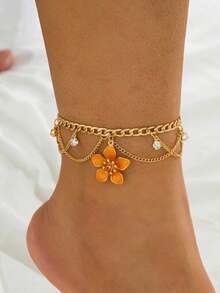 pieza Tobillera Multicapa para Mujer, Estilo Vacacional, con Borla, Esmalte Hecho Mano, Colgante de Flor deétalos Naranja Vibrante - Naranja 3 - Ver 7