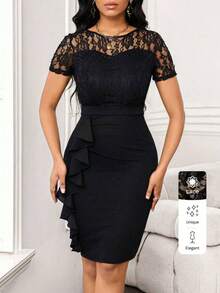 Lady Vestido de invitada de boda con plisado de encaje y falda de cadera para fiestas de trabajo - Azul marino - Ver 7