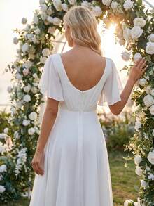 Robes de mariée courtes, robe blanche fluide pour femmes, robe de demoiselle d'honneur en mousseline pour femmes, robe de soirée formelle pour femmes pour mariage - Blanc - Voir 2