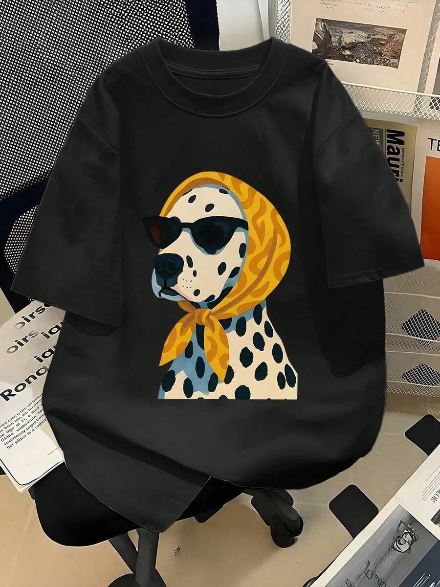 1 Piece Casual Fashion Outfit For Men And Women, New Short Sleeve T-Shirt With Round Neck And Dalmatian Dog Print, Plus Size 2026, Fashion Sunglasses, Suitable For Everyday Wear - 黑色 - 查看 1