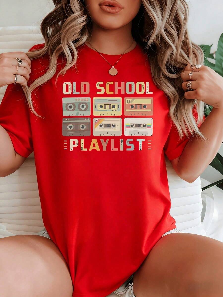 1 Pack Of Women's Casual Cotton T-Shirts With A Retro Cassette Tape Design Depicting A Nostalgic Old-School Playlist, Loved By Fans Of - 紅色 - 查看 1