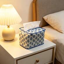 1pc Blue Printed Tissue Box, Soft Reusable Bohemian Floral Style Design, Suitable For Home, Bedroom, Vanity, Dining Table, Nightstand And Office - Multicolor - View 9