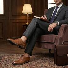 Everyday Versatile Men Casual Shoes, Classic Brown Leather Shoes Men, All-Season Lace Up Footwear - Classic Brown - View 5