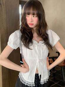 Solid Color Lace Trim Tie Front Short Sleeve Blouse Women's Summer Top White - White - View 1