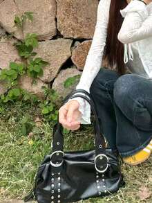 Korean Niche Design Ins Style Fashion Minimalist Rivet Handbag Shoulder Bag Underarm Bag For Women, Textured Large Capacity Commuter Daily Shopping Versatile Hot Girl Motorcycle Underarm Shoulder Bag - Black - View 4