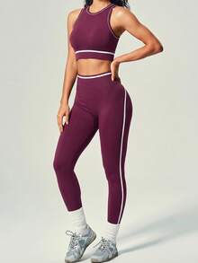 UONNOU Top Cropped Feminino Branco com Decote Redondo e Acabamento Contrastante Sem Mangas & Legging Sem Costura Cintura Alta com Efeito Levanta Bumbum em Formato de Pêssego, Ultra Macio com Elasticidade 4-Way Amigável à Pele - Roxo - Visão 1