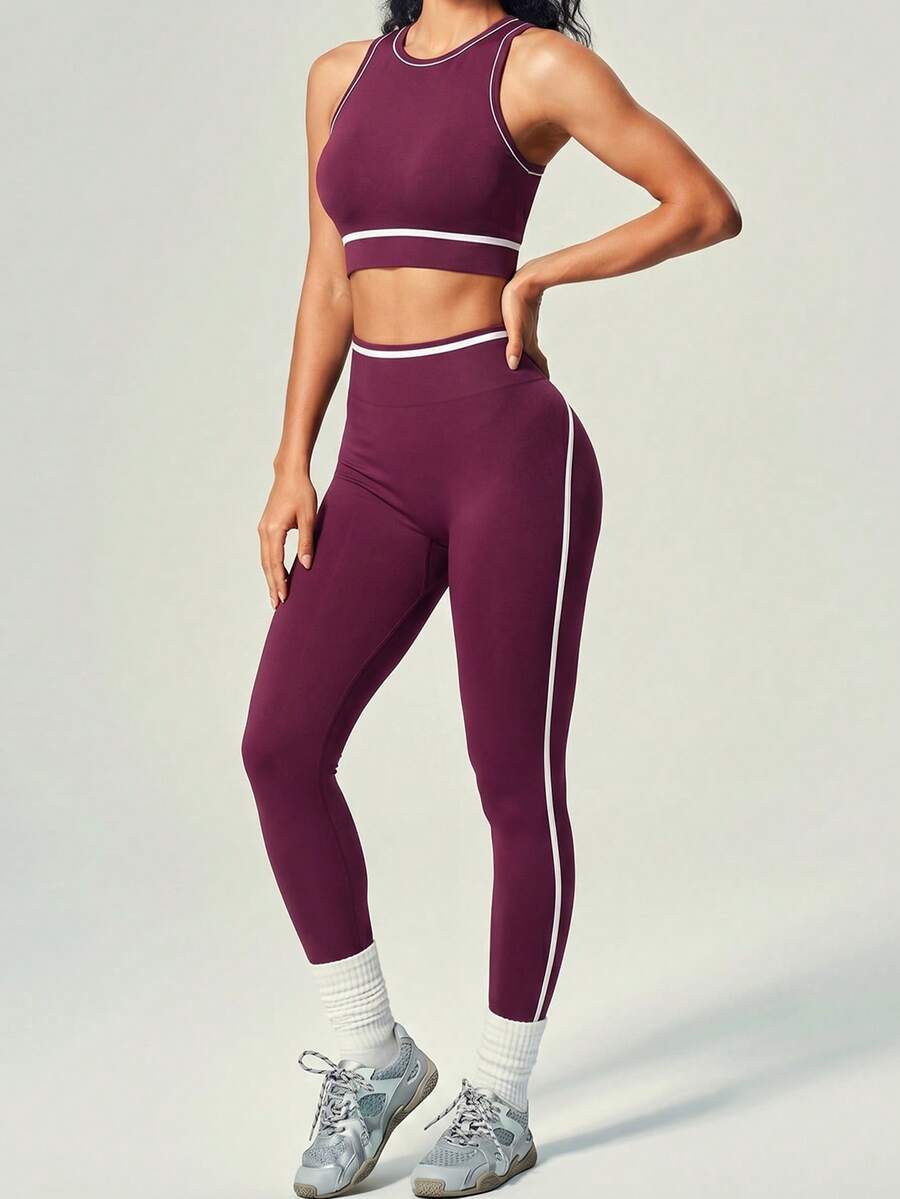 UONNOU Top Cropped Feminino Branco com Decote Redondo e Acabamento Contrastante Sem Mangas & Legging Sem Costura Cintura Alta com Efeito Levanta Bumbum em Formato de Pêssego, Ultra Macio com Elasticidade 4-Way Amigável à Pele - Roxo - Visão 1