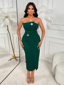 AIJ Amarilo Fashion Commuter Asymmetric Bandeau Dress, Metal Buckle Decor, Slim Fit Midi Length - Green - View 1