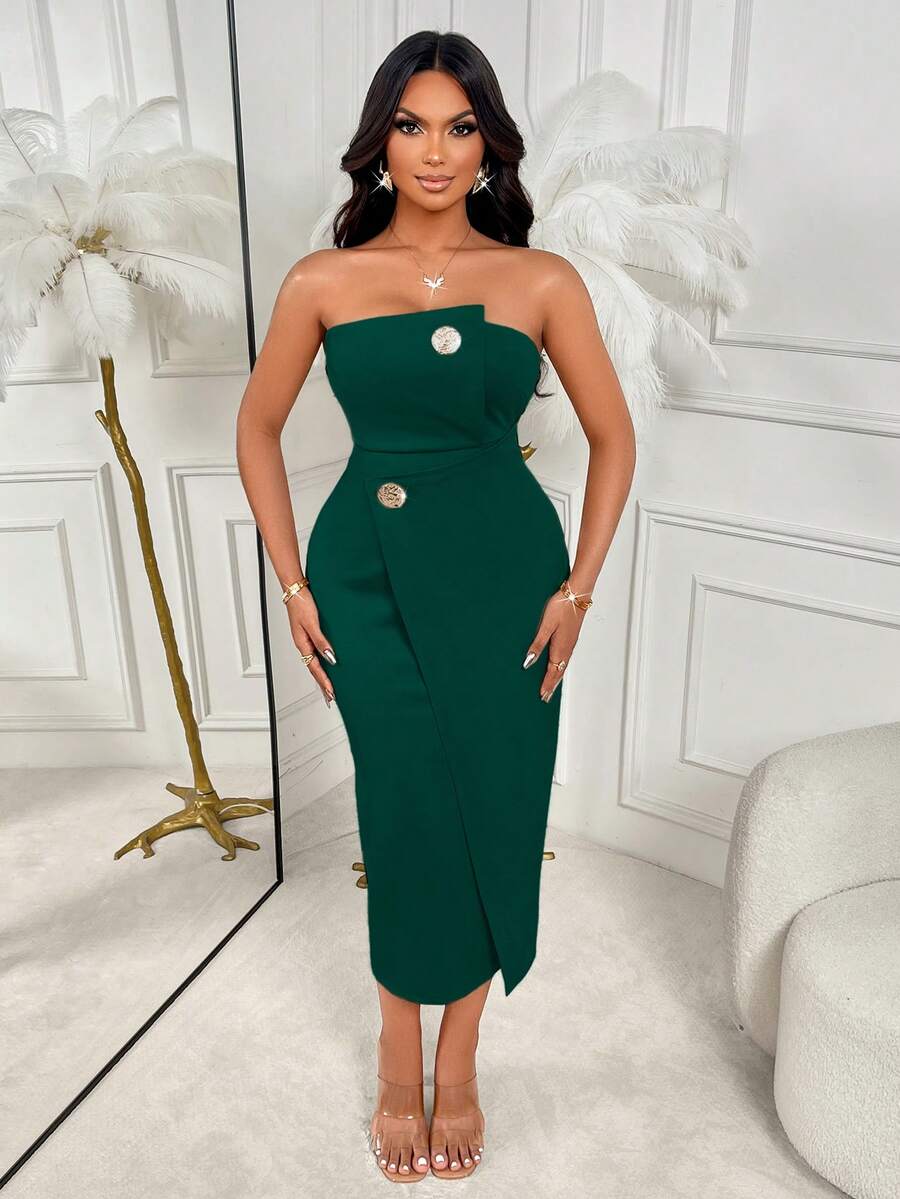 AIJ Amarilo Fashion Commuter Asymmetric Bandeau Dress, Metal Buckle Decor, Slim Fit Midi Length - Green - View 1