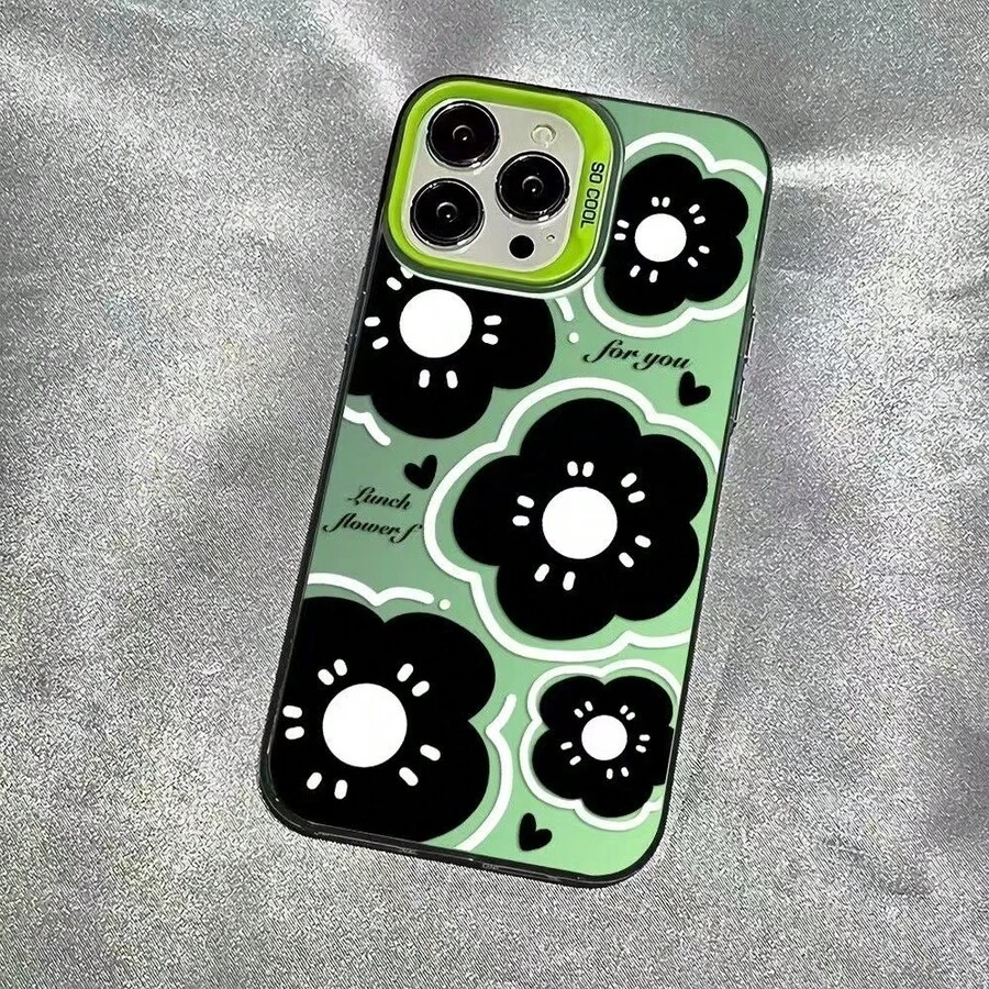 Black Flower Case Suitable For Apple 15 Pro Max, 16 Pro, Beautiful 14 Pro, Floral 17, Cute - 彩銀殼-綠色-黑色花瓣 - 查看 1