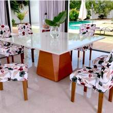 Chair Cover Set For 6 People, Kitchen/Dining Room, Printed Gel Knit - 白色/紅色花卉 - 查看 2