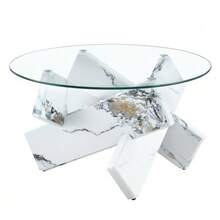 Round Coffee Table In MDF And Glass (Colors Of Your Choice): Textured Grey Cross Legs, Simple And Modern Style. Diameter: 79 Cm, 0.8 Cm Thick Tempered Glass Top. - White - View 1