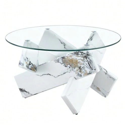 Round Coffee Table In MDF And Glass (Colors Of Your Choice): Textured Grey Cross Legs, Simple And Modern Style. Diameter: 79 Cm, 0.8 Cm Thick Tempered Glass Top. - White - View 1