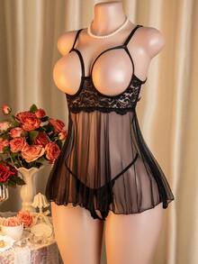Sexy Lingerie, Hollow Out Dress, 2pcs Set: Dress + G-String, Women's Intimate Apparel And Sexy Dress - Black - View 10