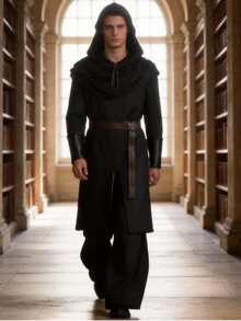 Men's Dark Medieval Hooded Long Robe Set, Vintage Gothic Style Detachable Hooded Cape + Slit Long Inner Robe, Paired With Brown Leather Belt And Lace-Up Leather Wrist Guards, Loose Fit With Slimming Effect And Great Drape, Breathable And Durable Fabric, Versatile For Dark Ranger, Hermit, Wizard, Night Walker And Other Role-Play, Inclusive Fit For Various Body Types, Perfect For Photo Atmosphere, Role-Play Costume Piece - Black - View 5
