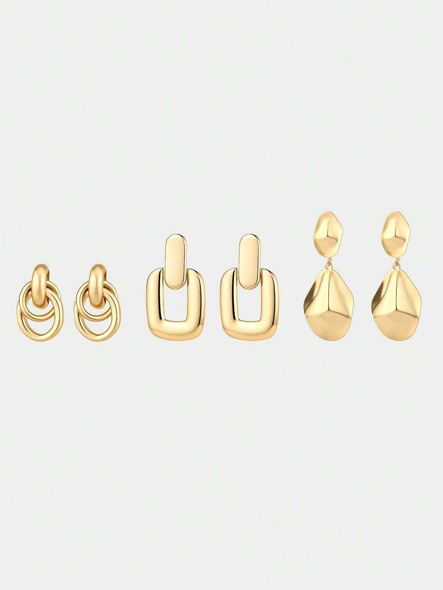 Ashenrae 3 Pairs Fashion Stainless Steel Women's Large Personalized Style Jewelry - Yellow Gold - View 1