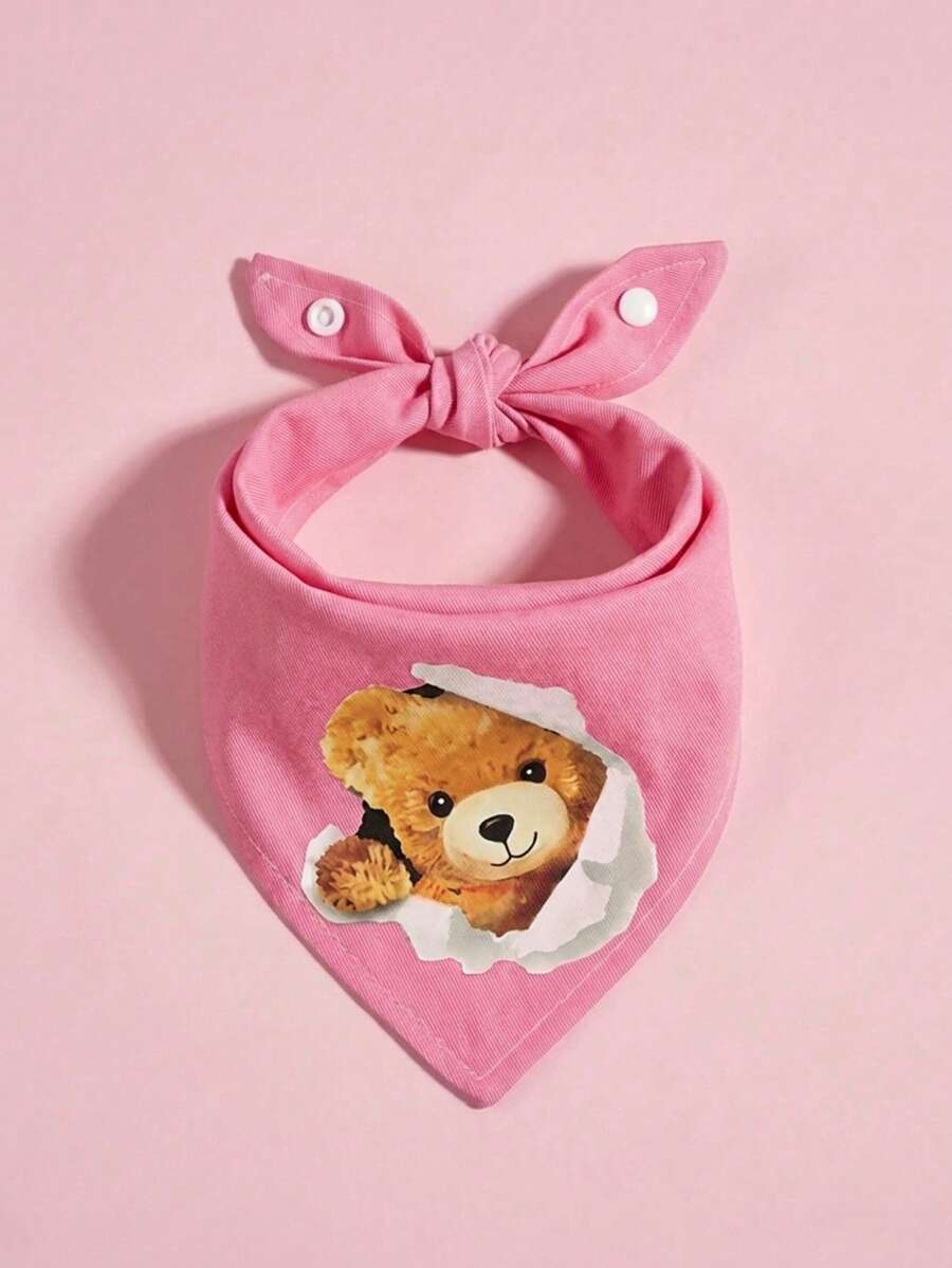 Comfortable Soft Polyester Pet Scarf, Cute Bear Head Design, Dog Accessory, Dog Supplies, Happy Dog, Cartoon Print, Suitable For Cats And Dogs For Indoor Or Outdoor Use - Pink - View 1