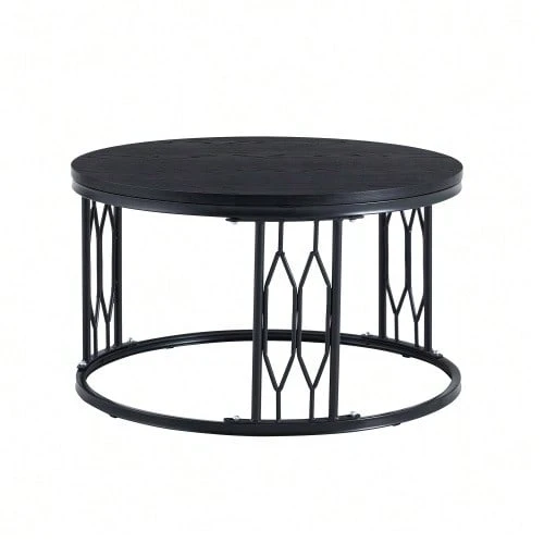 Round Coffee Table With Wood-Effect Top And Metal Frame, Modern Living Room Table With Geometric Iron Structure, Stable Round Side Table, Approx. 70 X 40.5 Cm - 黑色 - 查看 1