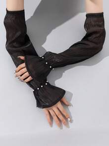 1 Pair Pearlescent Chiffon Pearl Trim Bell Sleeve Arm Covers, Soft Thin Breathable Arm Sleeves - Black-260 - View 3