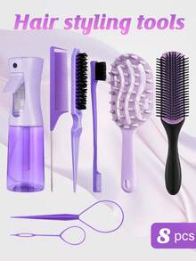 8pcs Curly & Straight Hair Comb Set, Continuous High Pressure Spray Bottle, Long Handle Hollow Hair Washing Massage Comb, 9-Row Comb, Tail Comb, Dual-Ended Eyebrow Comb, Teasing Comb, Hair Braiding Tool, Styling Tools - G1 - View 14