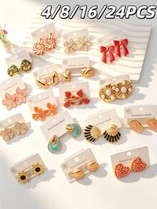 4/8/16/24 Piezas Pendientes de Acero Inoxidable Esmaltado con Diseño de Girasol, Accesorios para Mujeres Brasileñas, Conjunto para Ropa de Playa de Vacaciones para Mujeres. - Multicolor - Ver 1