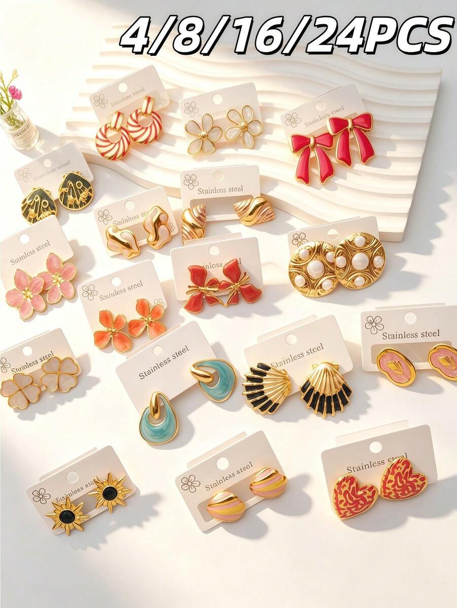 4/8/16/24 Piezas Pendientes de Acero Inoxidable Esmaltado con Diseño de Girasol, Accesorios para Mujeres Brasileñas, Conjunto para Ropa de Playa de Vacaciones para Mujeres. - Multicolor - Ver 1