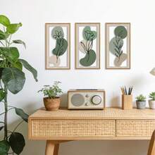 2D Flat Wall Decor, 3-Piece Set Minimalist Floral Wall Decoration, Bohemian Style Green Geometric Hanging Wooden Signs, Suitable For Living Room, Modern Bohemian Style Plant Leaf Wooden Plaques, Suitable For Apartment Bedroom Office Decor - Multicolor - View 3