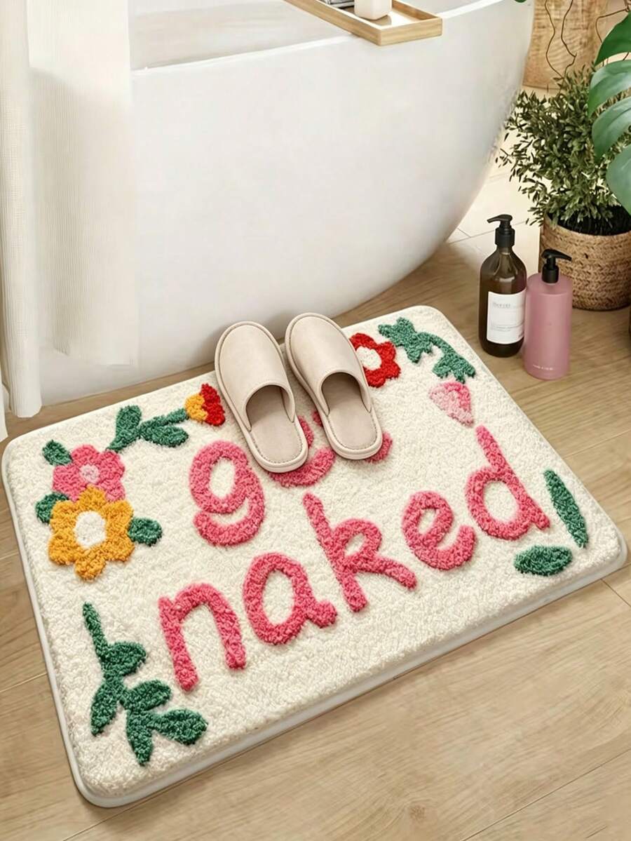 1 tấm thảm tắm in chữ "GETNAKED" bằng chất liệu nhung, có kết cấu sợi lông cao thấp, họa tiết hoa 3D, thích hợp cho phòng tắm gia đình. - Nhiều màu - Xem 1