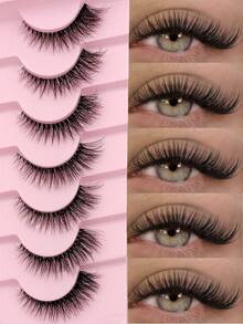 7 Pairs Transparent Stem Natural Style Cross Striped 3D False Eyelashes, Soft Fluffy Faux Mink Lashes, Suitable For Daily Makeup - Black - View 1