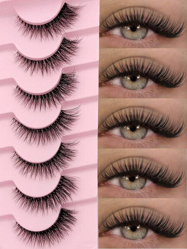 7 Pairs Transparent Stem Natural Style Cross Striped 3D False Eyelashes, Soft Fluffy Faux Mink Lashes, Suitable For Daily Makeup