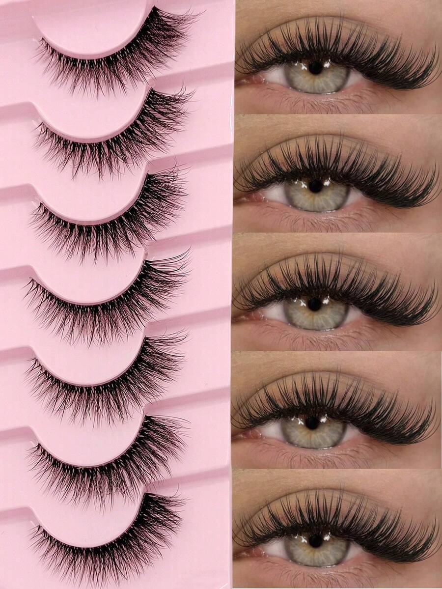 7 Pairs Transparent Stem Natural Style Cross Striped 3D False Eyelashes, Soft Fluffy Faux Mink Lashes, Suitable For Daily Makeup - Black - View 1