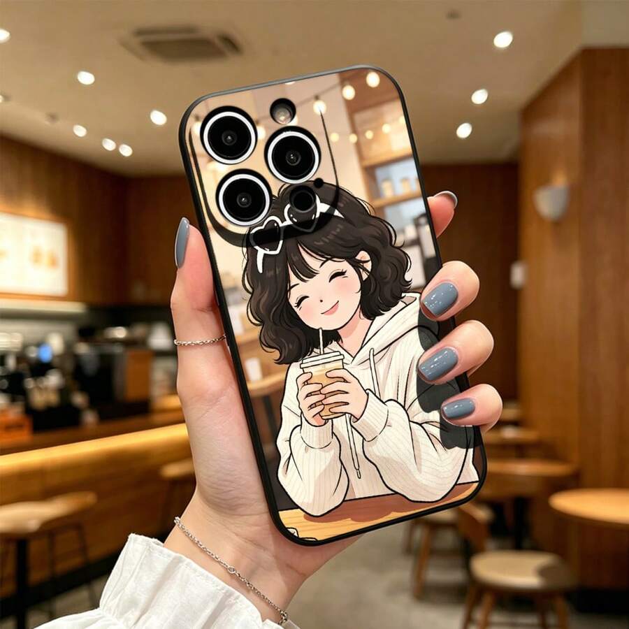 手机壳:适配 iPhone17 16 15 14 13 12 11 proPro Max系列 キュートなカフェ風イラスト メンズレディース高級感 - ブラック - チェックする 1